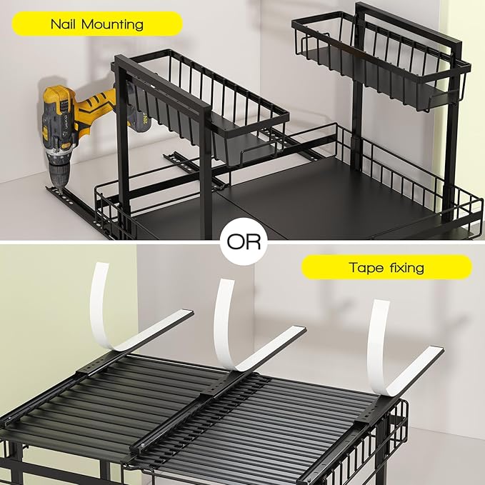 Expandable Under Sink Organizer 2-Tier Black Metal Storage Shelf