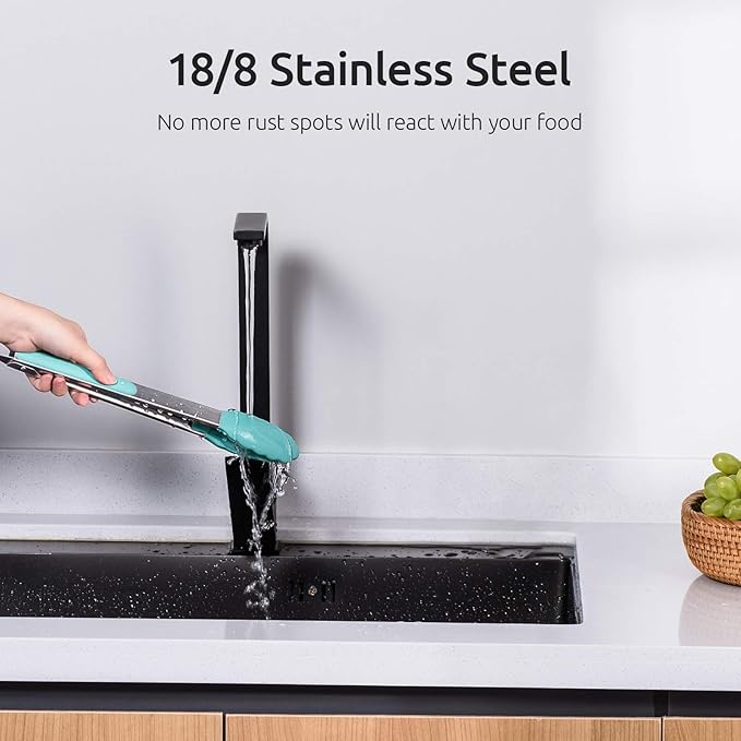Kitchen Tongs, U-Taste 7/9/12 inches Cooking Tongs, with 600ºF High Heat-Resistant Non-Stick Silicone Tips, 18/8 Stainless Steel Handle, for Food Grill, Salad, BBQ, Frying, Serving, Pack of 3(Teal)