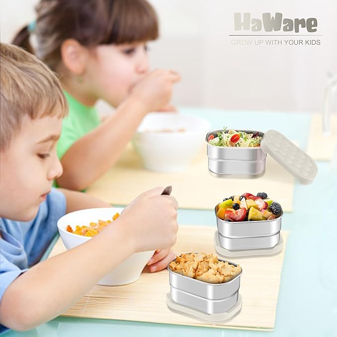 HaWare Stainless Steel Snack Containers for Toddlers and Kids, 8 oz Leak Proof Food Storage Containers with Khaki Silicone Lids, Stackable Small Metal Lunch Box for Daycare and School- 3 Packs