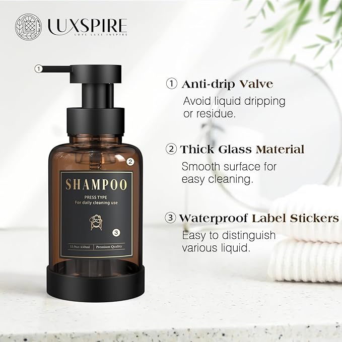 Luxspire Foaming Soap Dispenser, Non-Slip Hand Soap Dispenser with Fast Drying Tray, 15oz Glass Refillable Liquid Bottle for Bathroom & Kitchen, 2 Pack, Brown + Dark Gray