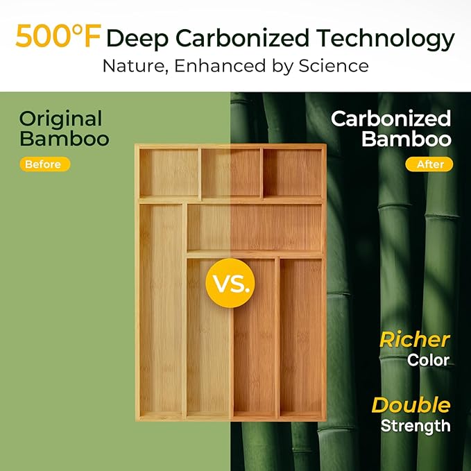 Carbonized Bamboo Kitchen Drawer Organizer, 8 Slots Silverware Organizer
