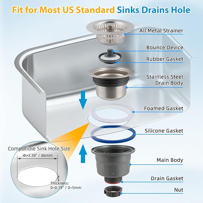 Hibbent Upgraded 3 in 1 Kitchen Sink Drain Strainer and Stopper Combo Assembly Kit, Stainless Steel Larger Anti-Clogging Basket