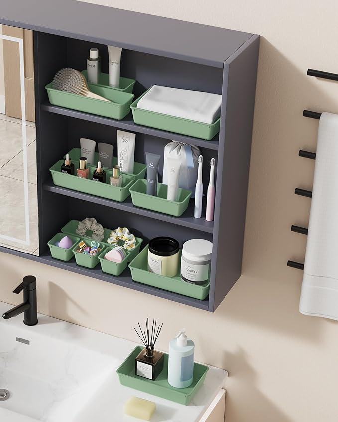 25 PCS Plastic Drawer Organizers Set, 4-Sizes Vanity and Makeup Organizer, Green
