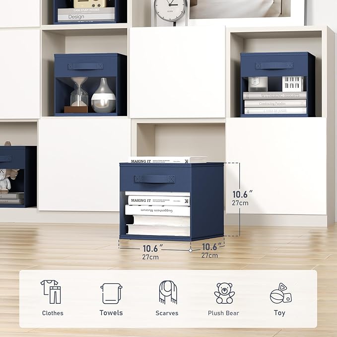 DIMJ Storage Cubes, Cube Storage Bin, 8 Pack Foldable Baskets with Window, Closet Storage Bins with Handle, 11x 11 inch Storage Cubes for Clothes, Toys, Books (Navy Blue)