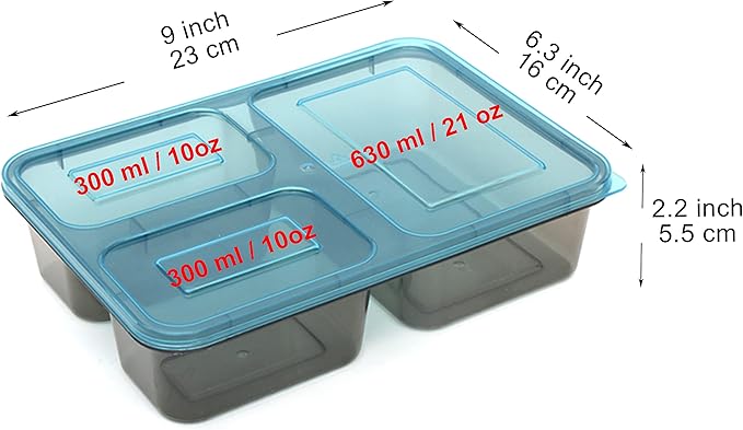 Youngever 7 Sets Thick Large Bento Lunch Box 40 Ounce, Meal Prep Containers, Reusable Plastic Divided Food Storage Container Boxes (3 Compartment)