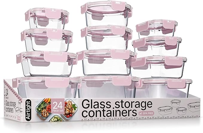 Bakken Borosilicate Glass Food Storage Containers with Lids 24 Pieces, Pink