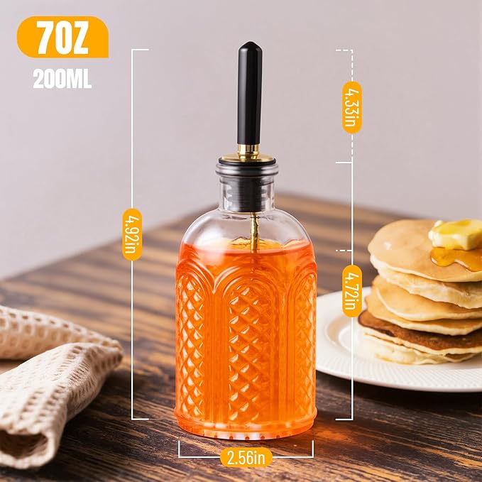 Baalaka 2-Pack Coffee Syrup Dispenser, 7 OZ/200ML Honey Dispenser, Small Syrup Bottles with Funnel & Extra Nozzles, Glass Syrup Dispenser for Coffee Shop, Home Kitchen