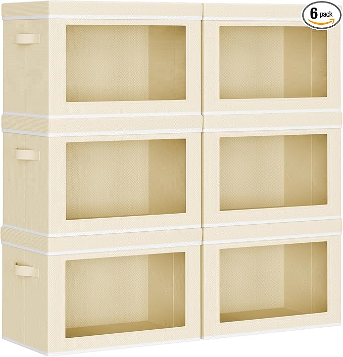 Homsorout Collapsible Storage Bins with Lids - Stackable Storage Containers with Window, 6 Pack Fabric Organizing Bins for Closet, Home & Office Organization Baskets, Beige, 14.9" x 9.8" x 9.8"