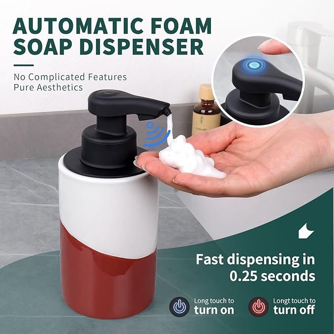 BosilunLife Automatic Soap Dispenser Ceramic Hand Free Soap Dispenser with Waterproof Pump Rechargeable Smart Electric Soap Lotion Dispenser Touchless for Kitchen Bathroom (White-Red, Foam Pump)