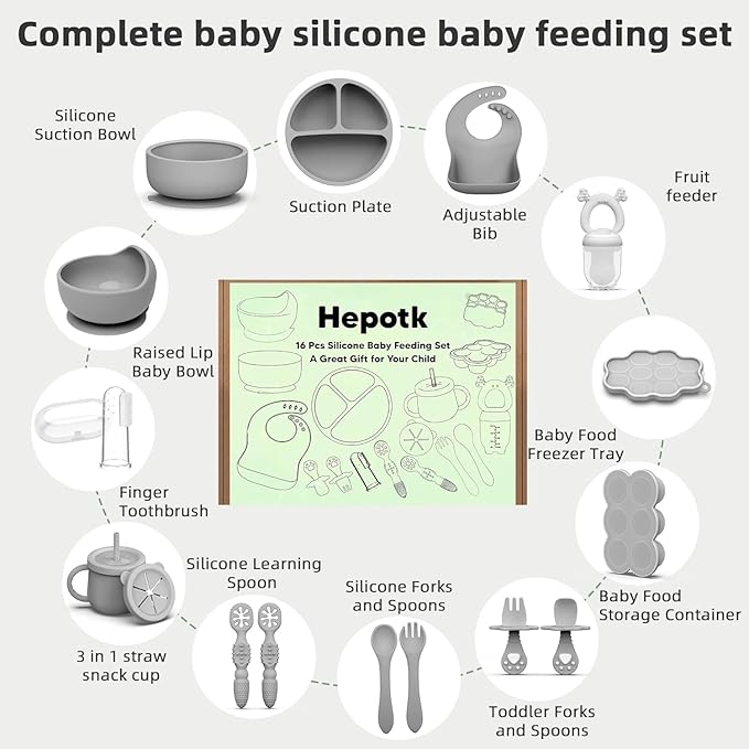 16 Pack Silicone Baby Feeding Set, BPA-Free Baby LED Weaning Supplies, Include Suction Plates, Baby Bowls, Silicone Fork & Spoon, and More, First Stage Baby Food Eating Utensils - 6+ Months(Grey,16)