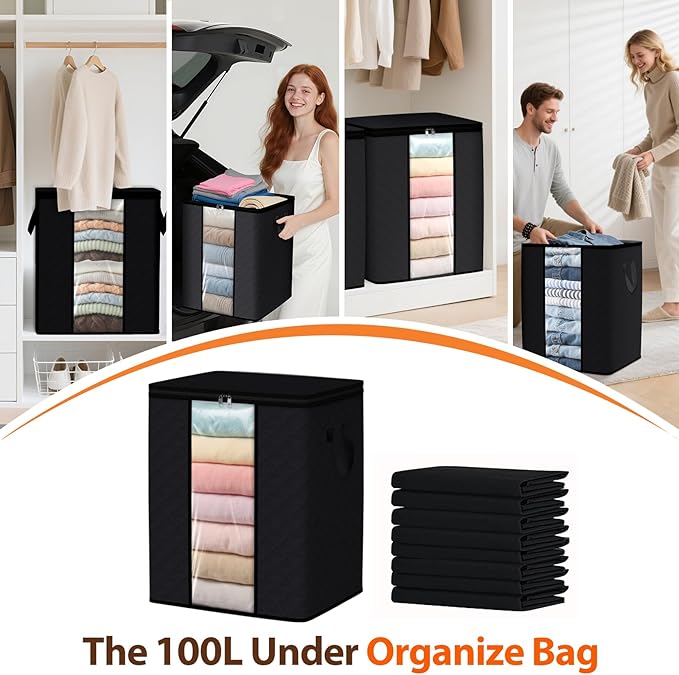8 Pack 100L Clothes Storage, Foldable Thick Fabric Blanket Storage Bags, Black