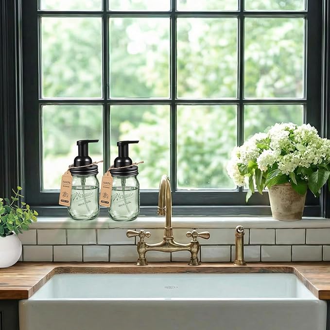 SheeChung 16 Oz Mason Jar Foaming Soap Dispenser, Stainless Steel Lid, BPA Free Pump, Green Glass Foam Hand Soap Dispenser, Refillable Liquid Foam Dispenser Bottle for Bathroom Kitchen-Black, 2 Pack