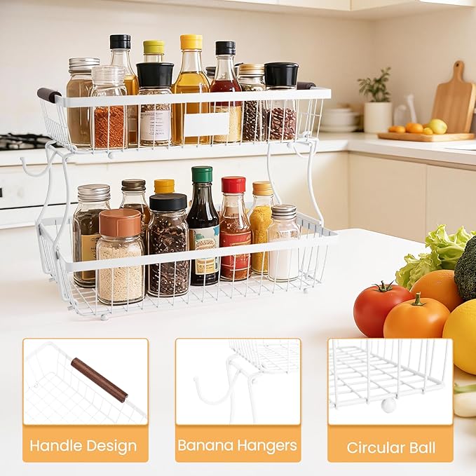 2-Tier Stackable Wire Basket with 2 Banana Hooks, Pantry Organizer for Kitchen Countertops, Cabinets & Under-Sink Spaces; Ideal for Storing Snacks, Fruits, Veggies, Onions, Potatoes, & More，White