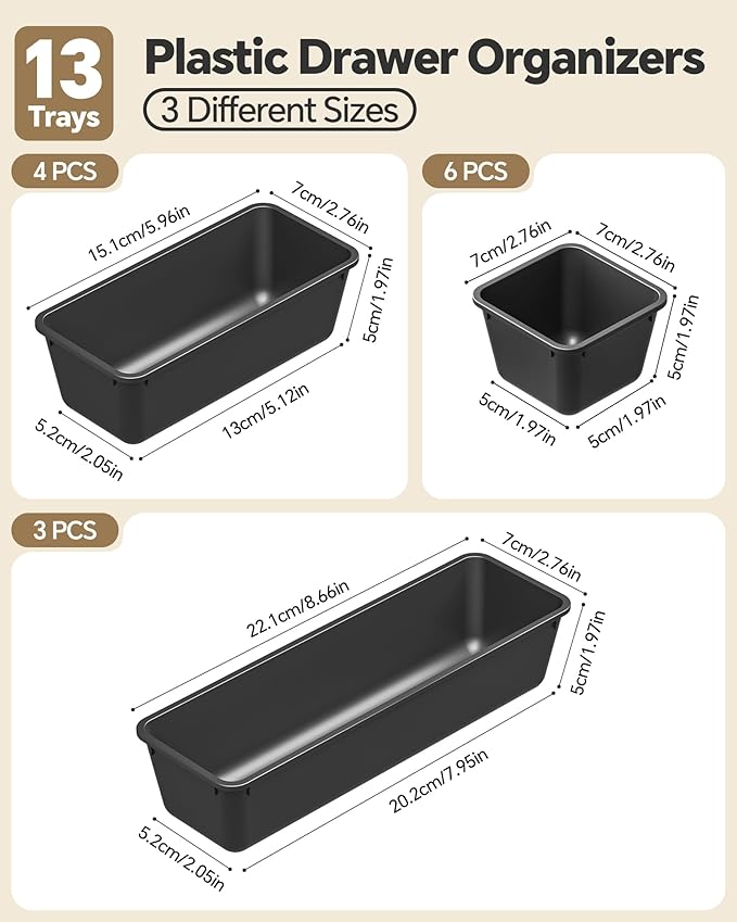 13 Pack Plastic Drawer Organizers Set, Black