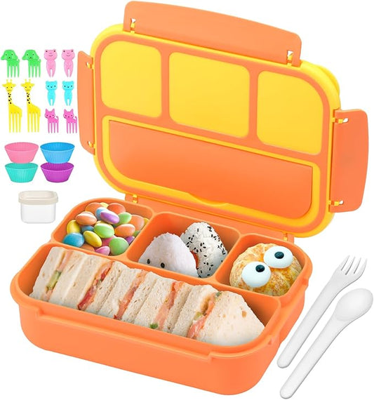 QQKO Bento Box for Kids Adults, School Toddler Lunch Box for Boys Girls, Lunch Box Containers with 4 Compartments, Sauce Container, Utensils
