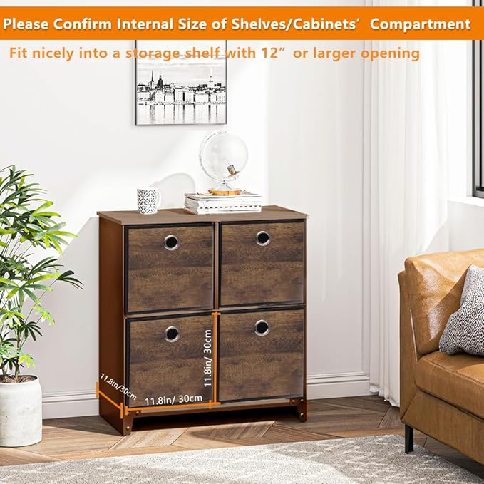 4 Pack Durable Storage Cube Bins with Decorative Wood Grain,Thickened Fabric Box,Storage Basket for Shelves,Closet,Storeroom,Bedroom,Living Room,Nursery,Office,Dorm,RV, 12x12x12in ( (Medium)