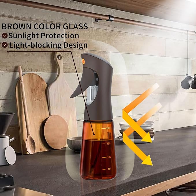 Olive Oil Sprayer for Cooking Glass, 200ml Olive Oil Dispenser Bottle Brown, Spray Bottles Oil Dispenser for Kitchen, Kitchen Gadgets for Salads, Grilling with 3 in 1 Cap Brush ＆ Straw Brush