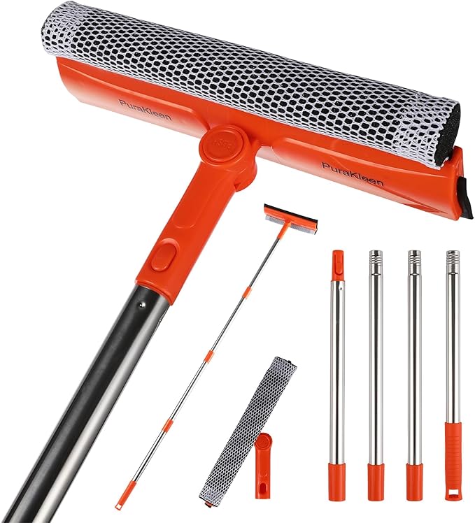 Window Squeegee with 62" Adjustable Stainless Steel Pole —2-in-1 Sponge Scrubber &Streak-Free Blade, No Ladder for 1-Story &Skylights,Car &RV Windshields,Shower Doors,Tile Orange
