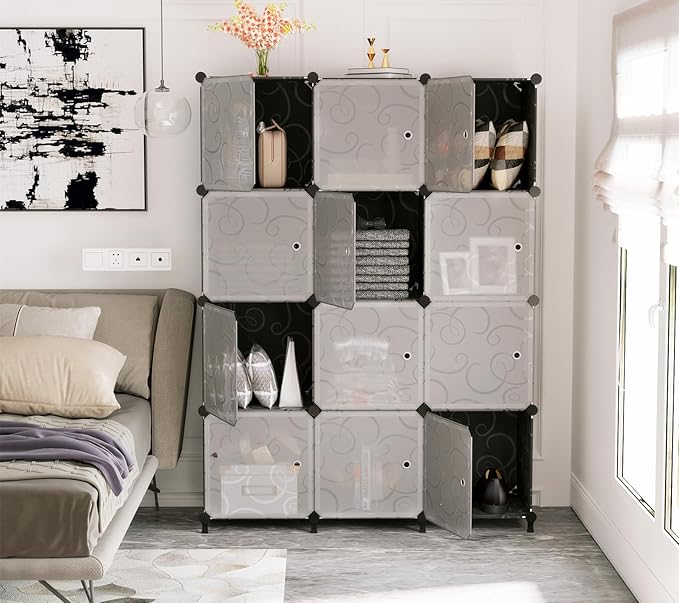 12 Cube Storage Organizer with Doors, DIY Plastic Closet Shelf