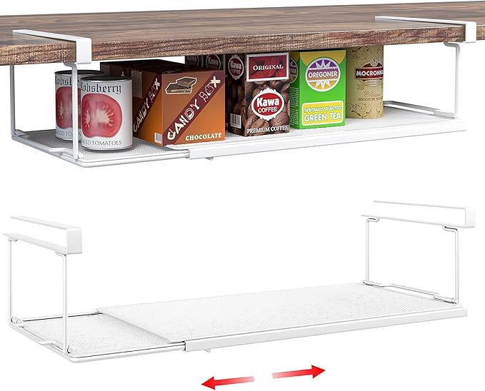 Expandable Under Cabinet Shelf, Extendable Under Shelf Storage with 0.94 Inches Thick Clips for Pantry Cabinet, Laundry Room, Shoe Rack. (White, 2 Pack, Interior: 3.66" H x 8.26" D)