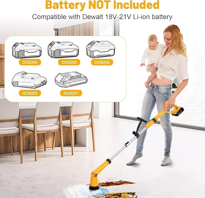 1500 RPM Electric Spin Scrubber for DeWalt 20V Battery, Power Shower Scrubber for Bathroom/Floor/Bathtub/Toilet/Tile,Electric Cleaning Brush with Long Handle & 8 Replaceable Brush (Yellow)