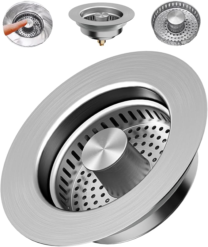 3 in 1 Kitchen Sink Drain Strainer Catcher, 304 Stainless Steel Pop Up Sink Stopper with Strainer Basket, Anti-Clog Kitchen Strainer Filter for US Standard 3-1/2 Inch Drain
