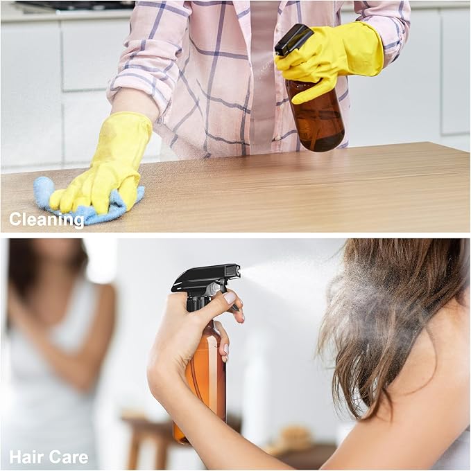 Plastic Spray Bottles, 2-Pack, 16.9 Oz, Mist & Stream, Heavy Duty Spraying, Empty Water Spray Bottle for Cleaning Solutions, Essential Oils, Hair, Plants, BBQ, Cat Dog Behavior Correction (Amber)