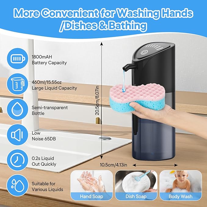 Automatic Liquid Soap Dispenser, 15.83 oz/450mL USB C Rechargeable Soap Dispenser, 7 Adjust Volume Touchless Hand Sanitizer Dispenser, Motion Sensor Waterproof Pump for Bathroom Kitchen (Black)