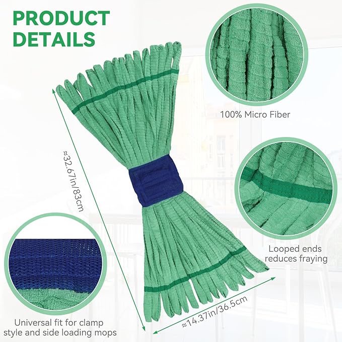 Heavy Duty Commercial Mop Head Replacement for Rubbermaid: 3 Packs 14oz Microfiber Tube Lint Free Industrial Heavy Duty Mop Head for Floor Cleaning - Super Absorbent & Bleach-Safe (Green)