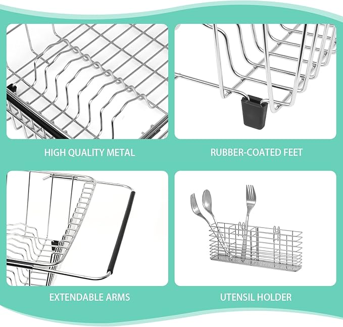 Sink Dish Drainer Rack, Expandable 304 Stainless Steel Dish Drying Rack Organizer with Stainless Steel Utensil Rack, Adjustable 15.35" to 20.47" Inside The Sink (up to 13 Upright Utensils).