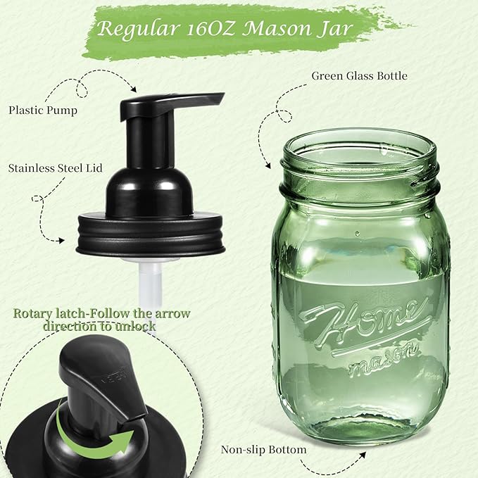 Amolliar 16OZ Green Glass Mason Jar Foaming Soap Dispenser, Plastic Pump & Stainless Steel Lid, Refillable Hand Soap Dispenser for Kitchen Bathroom, Farmhouse Decor for Foaming Dish Soap, Black 1 Pack