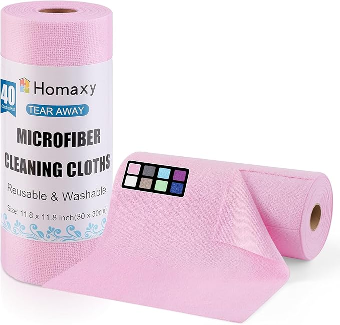 Homaxy Tear Away Dish Cloths Rolls, 40 Sheets-11.8" X 11.8", Reusable Washable Dish Towels for Kitchen, Ultra Absorbent and Quick Drying Microfiber Cleaning Rags, Pink