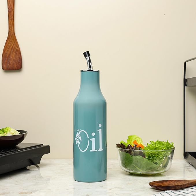 dudki 1 Litre Stainless Steel Oil Dispenser Bottle | Durable Metal Oil Pourer with Secure Leak-Proof Cap and Clean No-Drip Spout | Rust-Free Kitchen Oil Container for Everyday Cooking (Moss Green)