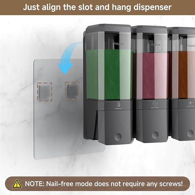 Shampoo and Conditioner Dispenser Wall Mounted, Shower Soap Dispenser No Drill Upadate Easy Slot Install, Shampoo Dispenser for Shower Bathroom Large Capacity 500ml * 3 Chamber Holder Gungray