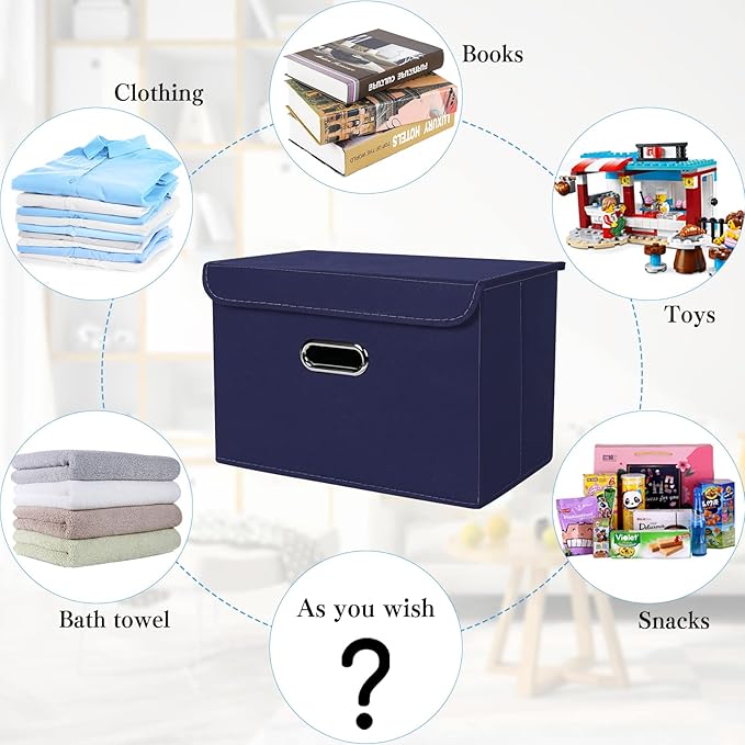 STOREONE Fabric Storage Cube Bins Foldable Organizer Container Collapsible Basket with Lids and Metal Handles, for Home, Bedroom, Closet 8 Pcs (Navy Blue)