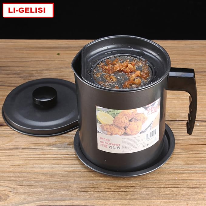 Oil Storage Grease Keeper, Grease Strainer Pot Grease Container with Mesh Strainer (1.6 L-B)