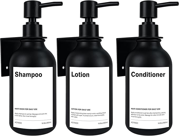 Shampoo Dispenser for Shower Wall, Shampoo and Conditioner Dispenser with 16 Waterproof Labels, Shower Dispenser 3 Chamber No Drill, Shower Soap Dispenser Wall Mounted for Bathroom, 17oz, Black