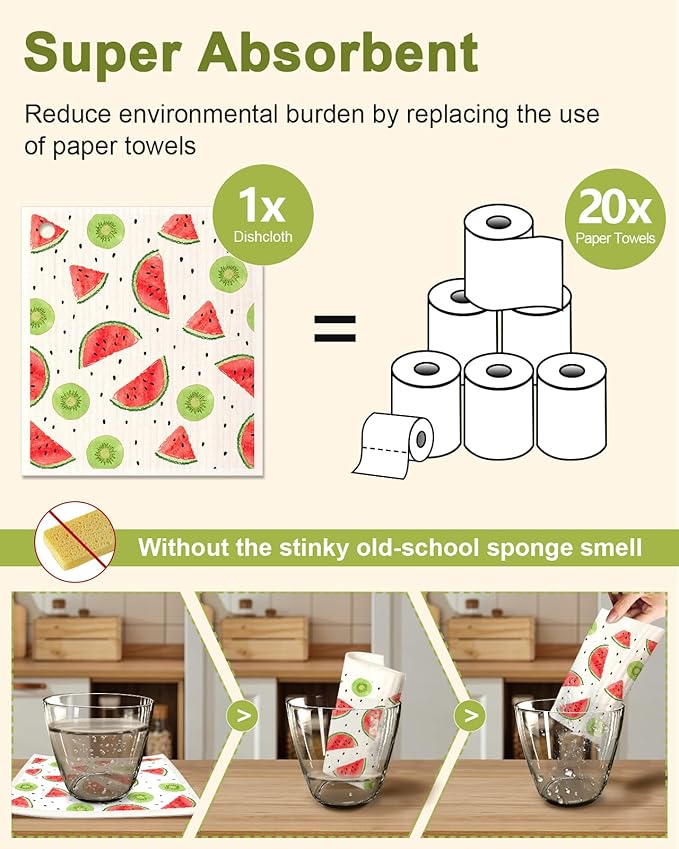 Miss Adola 6 Pack Swedish Dishcloths for Kitchen - Reusable Dish Cloths for Washing Dishes Absorbent Cute Funny Kitchen Towels Cleaning Sponge, Lemon Fruit