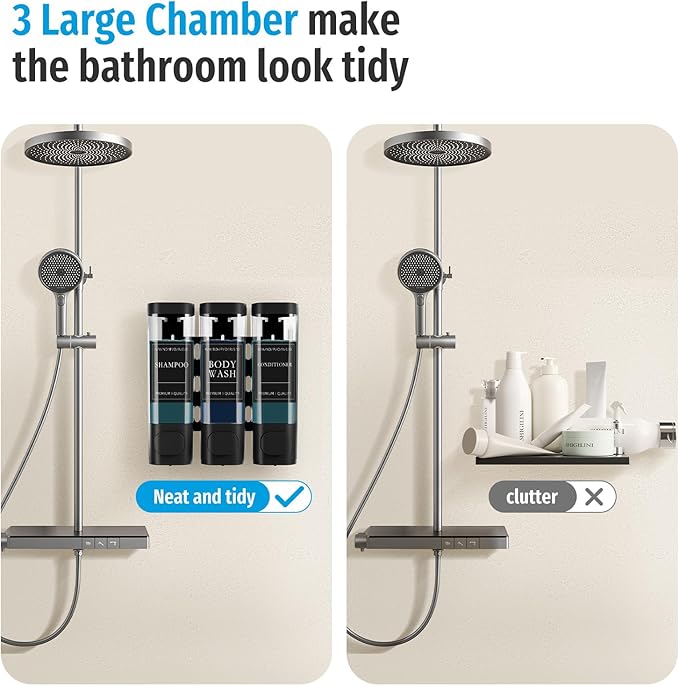 Shower Soap Dispenser No Drill, 3 Chamber Wall Mounted Shampoo and Conditioner Dispenser for Bathroom Hotel Large Capacity