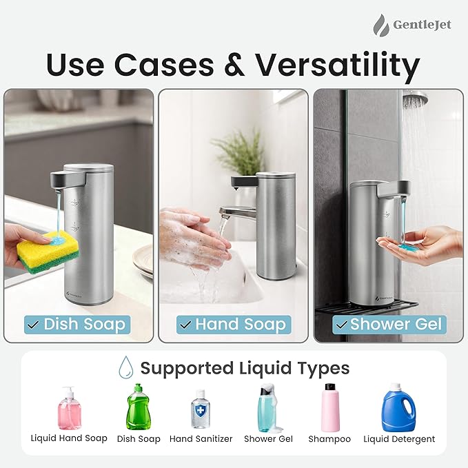 GentleJet OpalDrop Automatic Liquid Soap Dispenser for Kitchen Sink – Touchless No-Drip Pump, USB-C Rechargeable, 304 Stainless Steel, IPX5 Water-Resistant, 270 ml