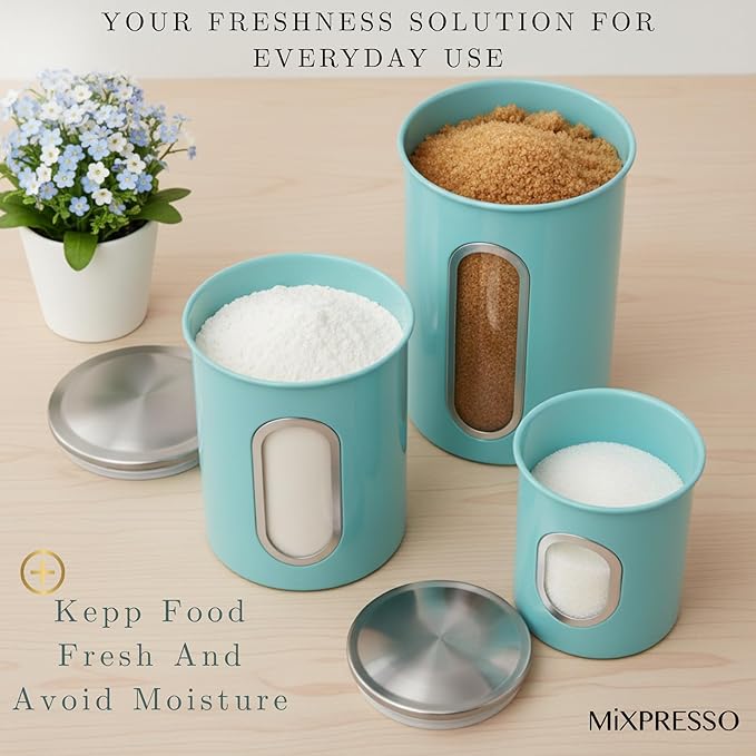 Mixpresso 3-Piece Aqua Blue Canisters Sets For The Kitchen, Airtight Canister Set With See Through Window, Storage Jars for Coffee Container