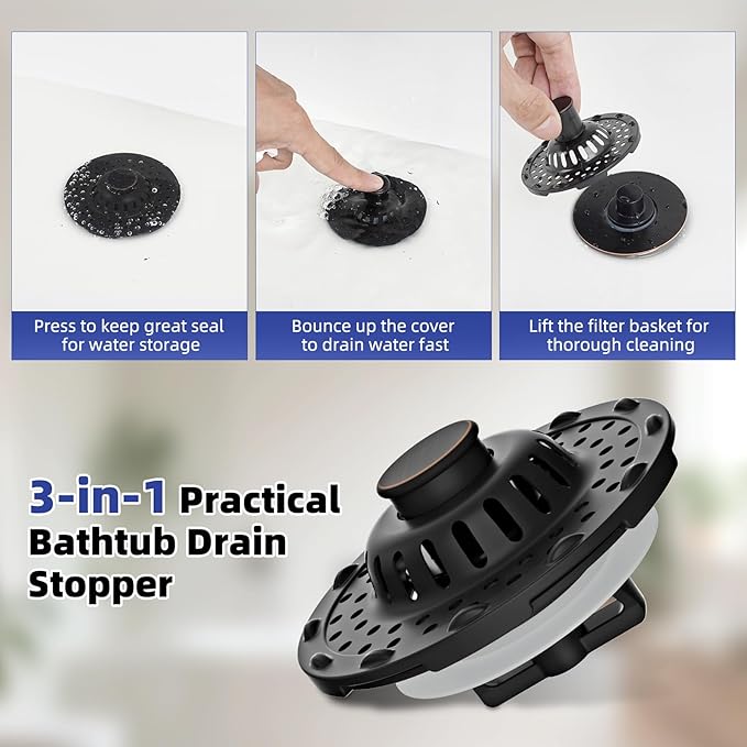 Metal 2 Pack Bathtub Drain Stopper with Top Hair Catcher, 3 in 1 Pop-up Bathtub Strainer