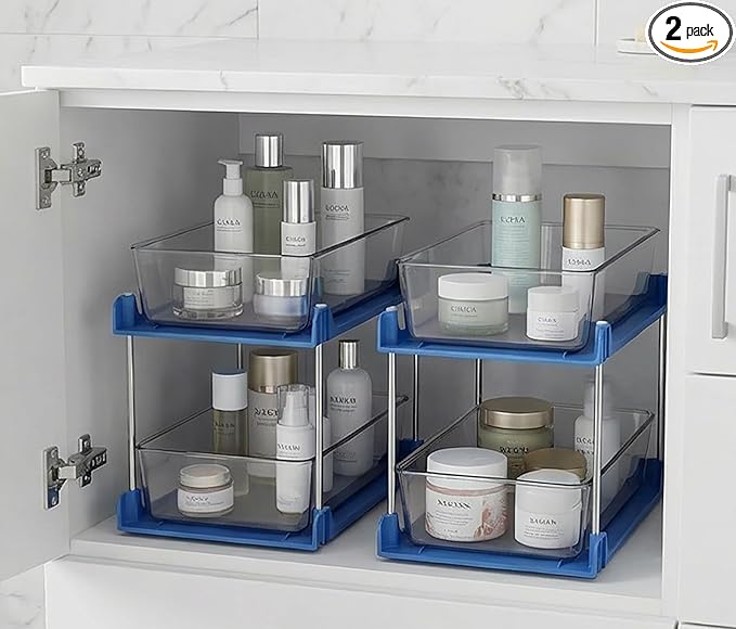 2 Pack Bathroom Organizer,2 Tier Blue Under Sink Organizers Vanity Countertop Storage Container,Cabinet Drawers Bins, Pull-Out Organization with Track for Pantry, Kitchen