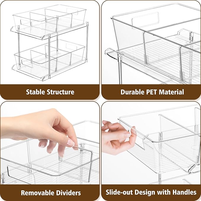 Pull-Out Home Organizers, 2 Tier Clear Bathroom Organizer with Dividers