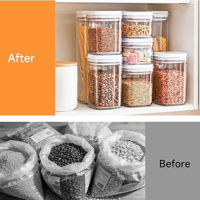 Pop Top Food Storage Container Set | 4Pcs Airtight Cereal Storage Organizer Canisters with Pop Lids, BPA-Free, Vacuum Seal & One-button Opening, Stackable Dry Food Storage(1.9qt*2,0.8qt,1qt