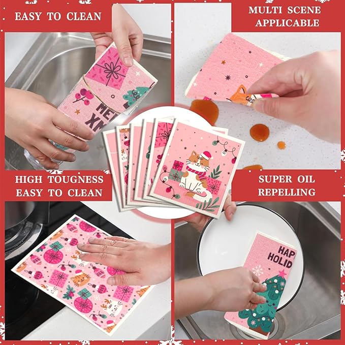 6 Pack Swedish Dishcloths for Kitchen |Watercolor Dish Towels | Reusable Paper Towels Washable | Non-Scratch Cellulose Sponge Cloths | No Odor, Biodegradable, Swedish Cloths, Pink Cat