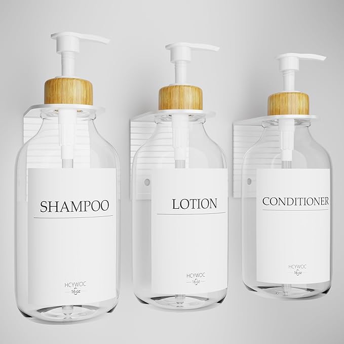 Shampoo Dispenser for Shower Wall, Shampoo and Conditioner Dispenser with 16 Waterproof Labels, No Drill Shower Soap Dispenser Bathroom, Shower Soap Dispenser Wall Mounted,17oz, 3 Pack, Clear