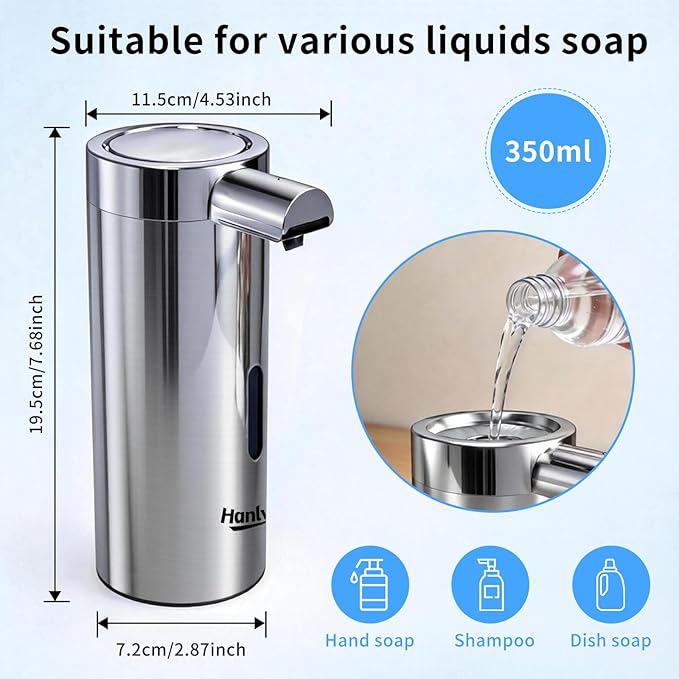 Touchless Automatic Soap Dispenser,11.84 oz Rechargeable Automatic Soap Dispenser, 3-Level Adjustable Liquid soap Dispenser, Suitable for bathrooms and Kitchens (Stainless)