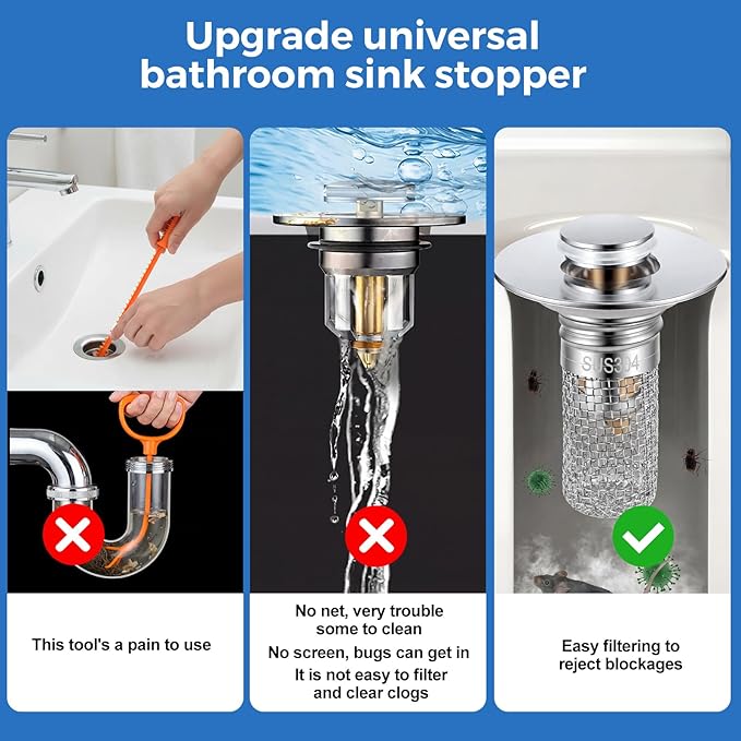 Bathroom Sink Stopper Hair Catcher, Pop-up Sink Drain Strainer with Removable 304 Stainless Steel Strainer Basket Hair Catcher