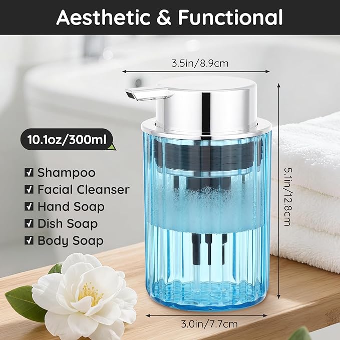 Segbeauty 10oz Plastic Blue Refillable Foaming Hand Soap Dispenser 2pcs, 300ml Empty Foam Bottle Container, Face Wash Foam Pump Bottle for Kitchen, Shaving Foaming Bathroom Countertop Soap Dispensers